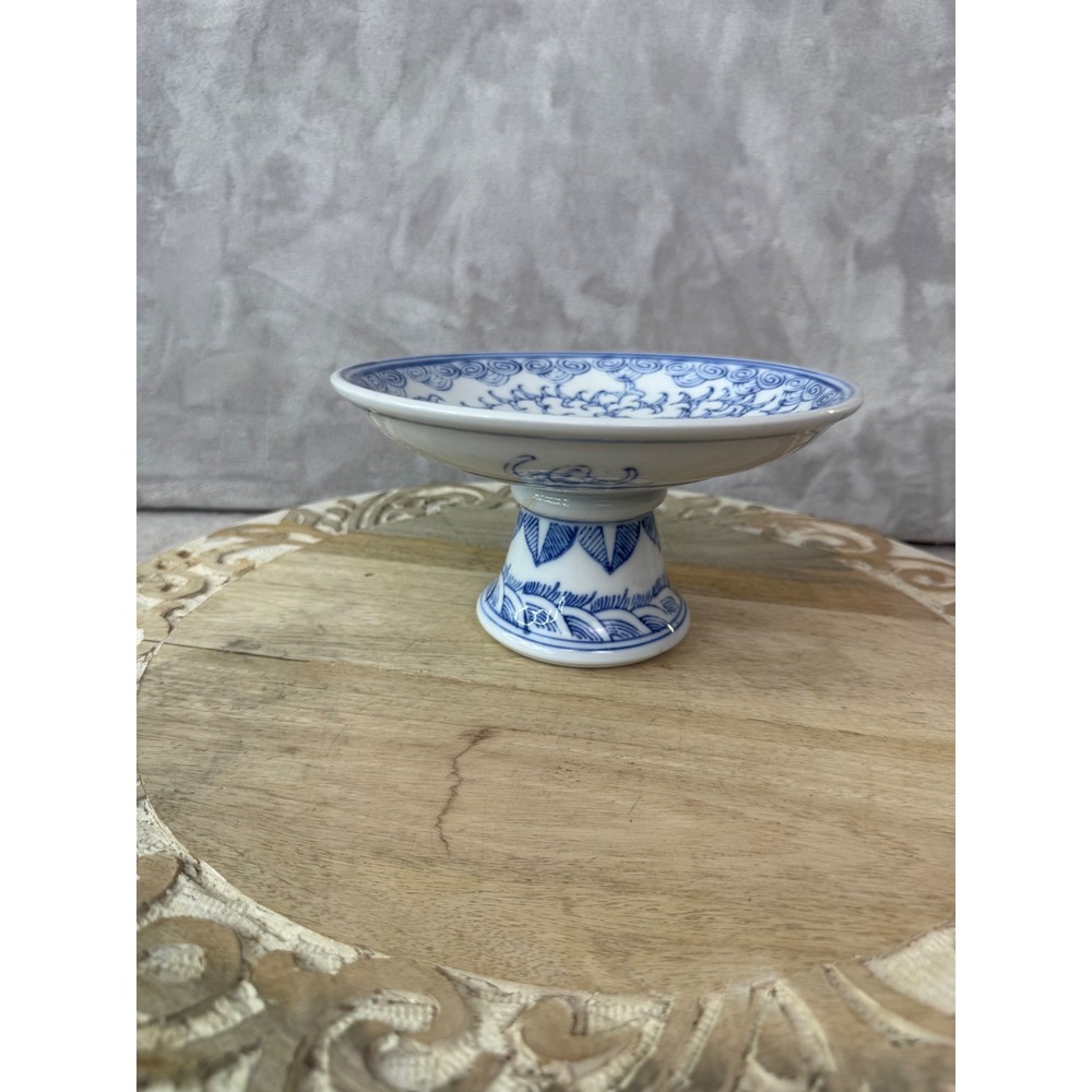 Blue White Porcelain Pedestal Dish Floral Bat Motif Chinoiserie Offering Bowl